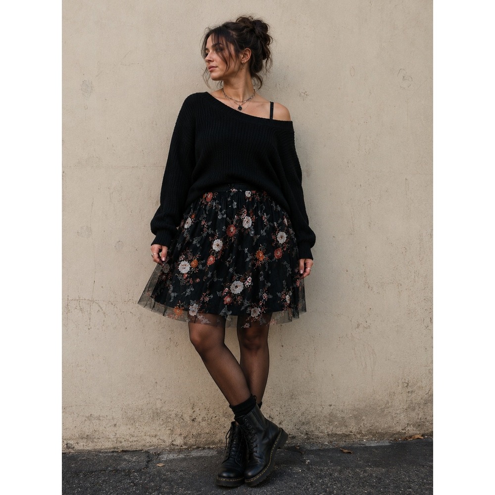 Torrid Floral Mesh Overlay Skirt Black Pink Rose Elastic Waist Plus Size 3 3X